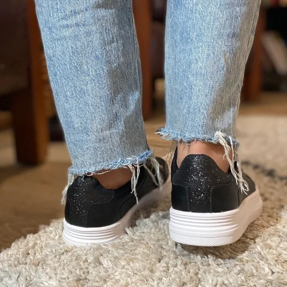 Black Vegan Leather White Platform Lace Up Sneakers with Black Glitter - Picture 7 of 9